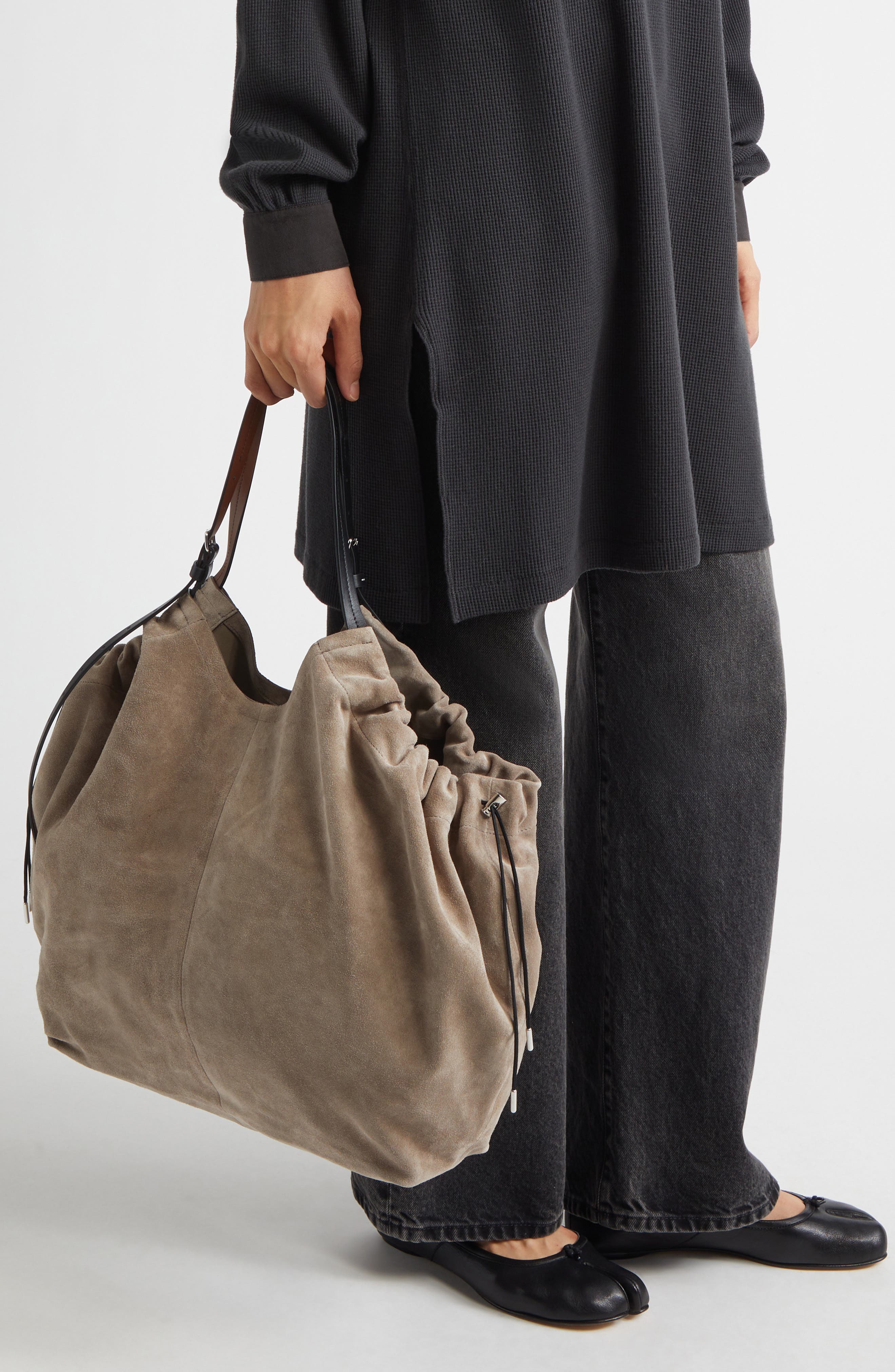 Maison Margiela Drawstring Suede Tote, Alternate, color, Vison/ Black/ Chestnut