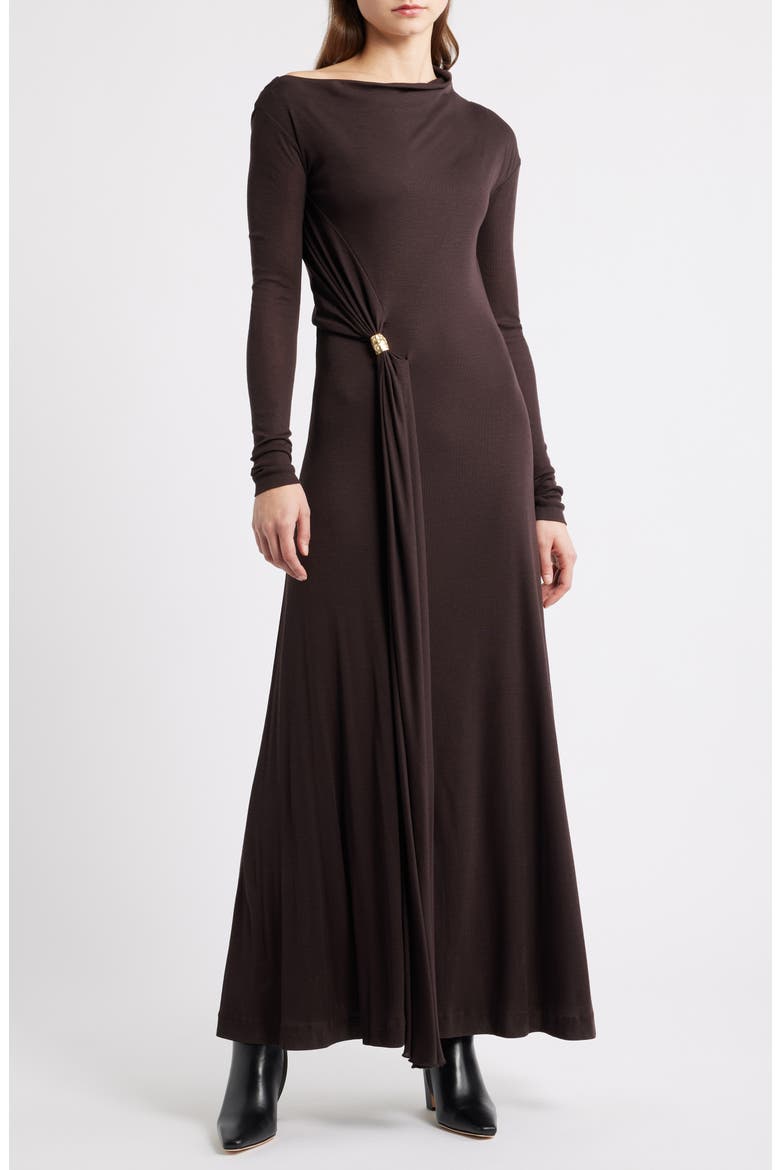 Evargo One-Shoulder Long Sleeve Gown, Main, color, SOFT VERMILLION