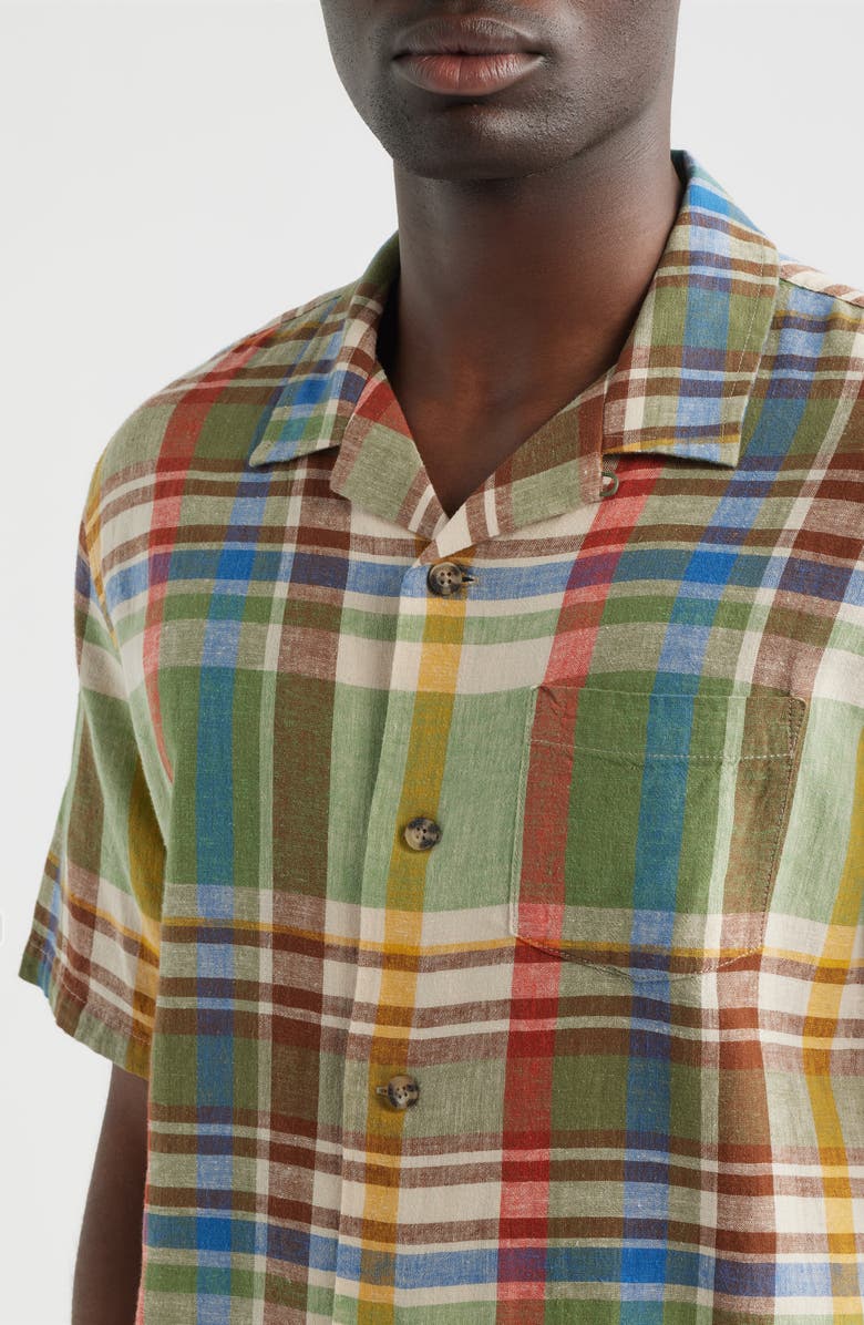 Pendleton Plaid Linen Blend Camp Shirt, Alternate, color, Green Multi Plaid
