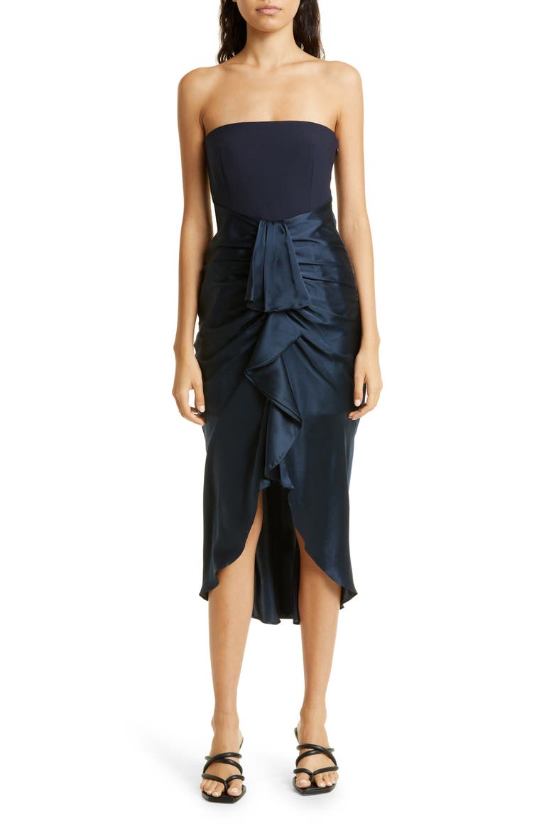 Georgiana Strapless Mixed Media Satin Cocktail Dress, Main, color, NAVY