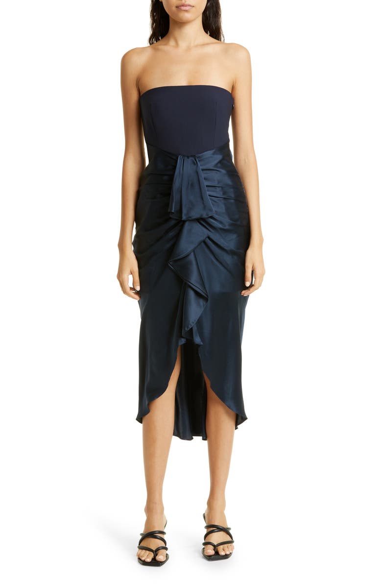 Cinq à Sept Georgiana Strapless Mixed Media Satin Cocktail Dress, Main, color, 