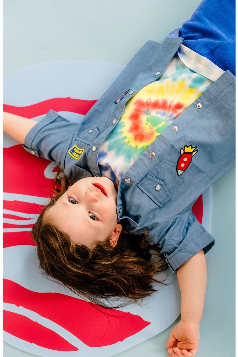 Kids' Space Appliqué Short Sleeve Cotton Chambray Snap-Up Shirt, Alternate, color, LIGHT BLUE