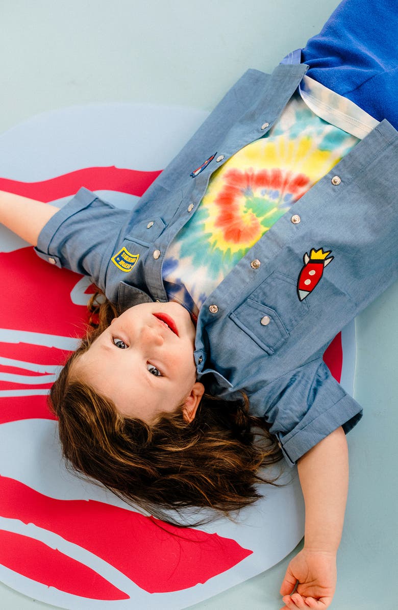 Rock Your Kid Kids' Space Appliqué Short Sleeve Cotton Chambray Snap-Up Shirt, Alternate, color, Light Blue