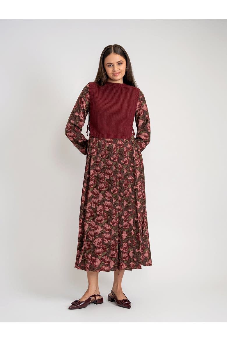 Woven Floral Print Dress with Removable Vest, Alternate, color, Brown