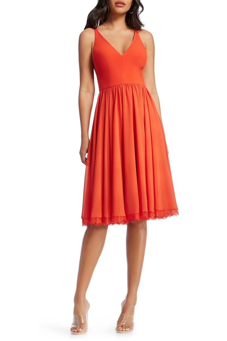 Alicia Mixed Media Midi Dress, Main, color, POPPY