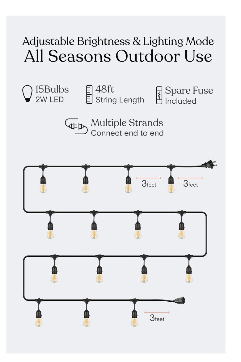 48 ft, 15‑light Plug‑In Heavy Duty LED Outdoor String Lights, Weatherproof Spiral Filament Bulbs, Alternate, color, 48 ft 15 Bulbs | Soft White