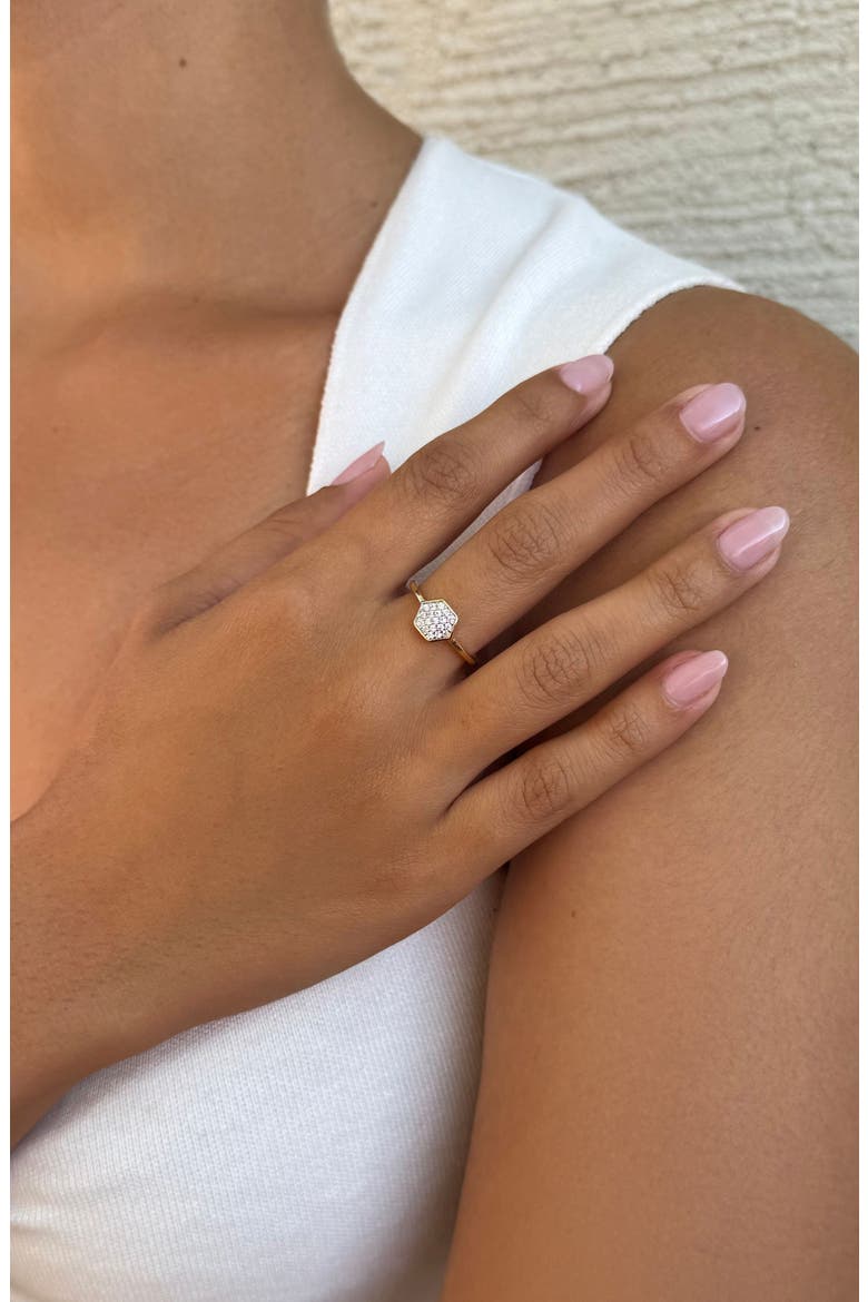 14K Gold Plated Pavé Cubic Zirconia Mini Hexagon Ring, Alternate, color, GOLD