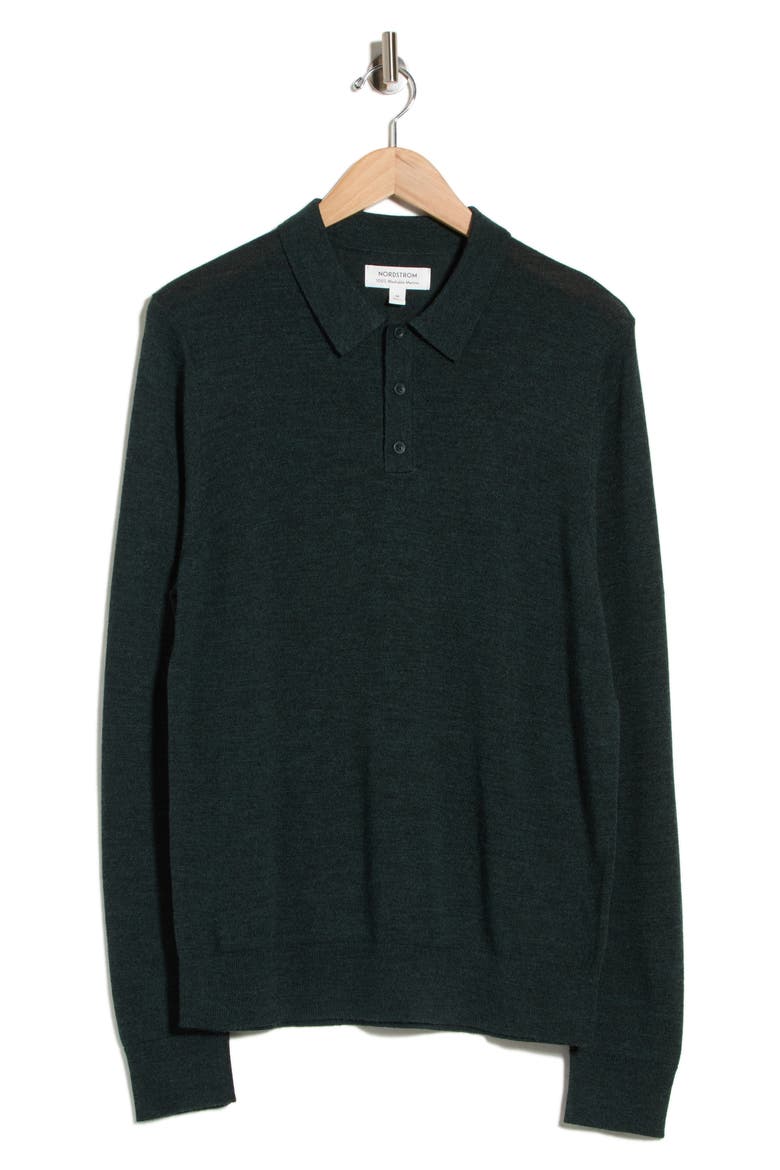 Machine Washable Merino Wool Polo Sweater, Alternate, color, GREEN MOSS HEATHER