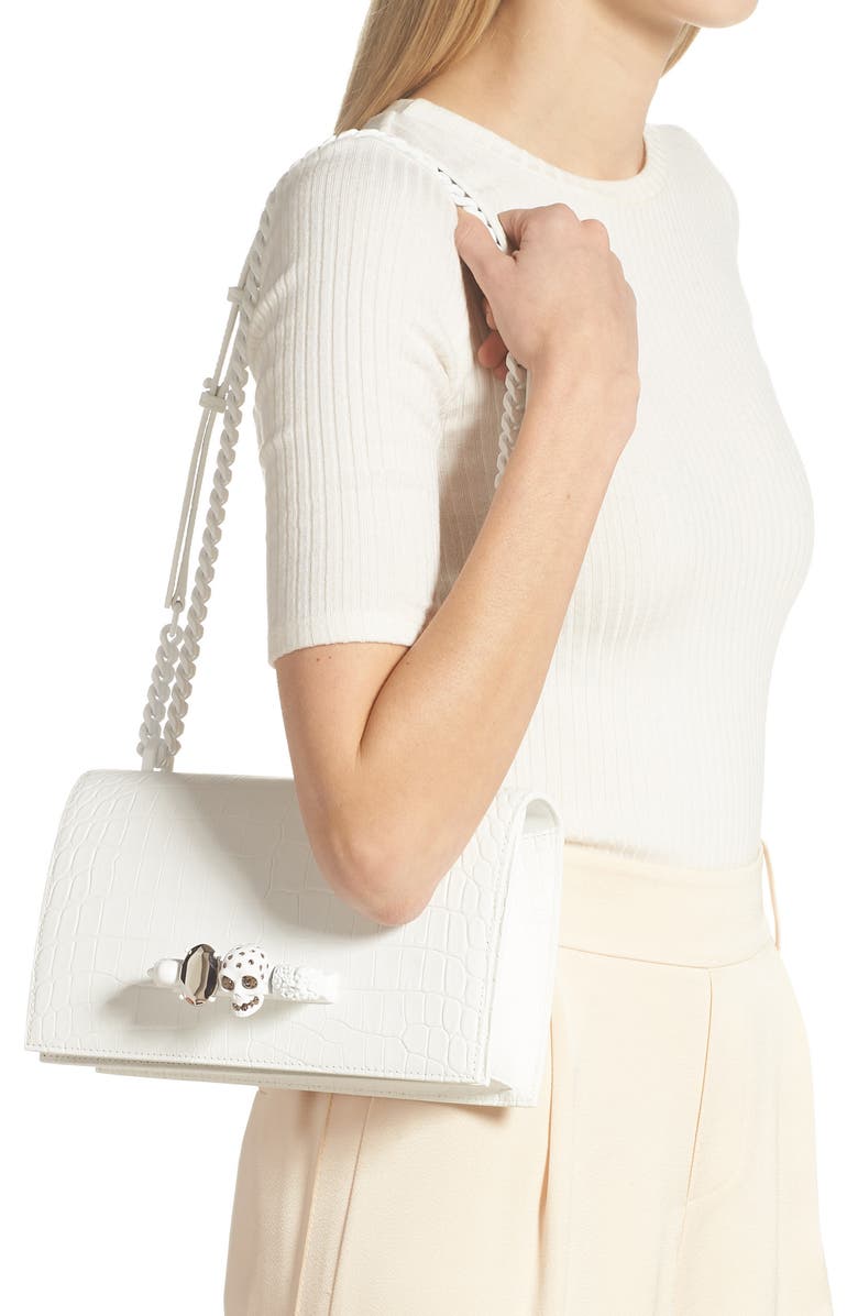 McQueen Croc Embossed Knuckle Ring Leather Shoulder Bag, Alternate, color,
