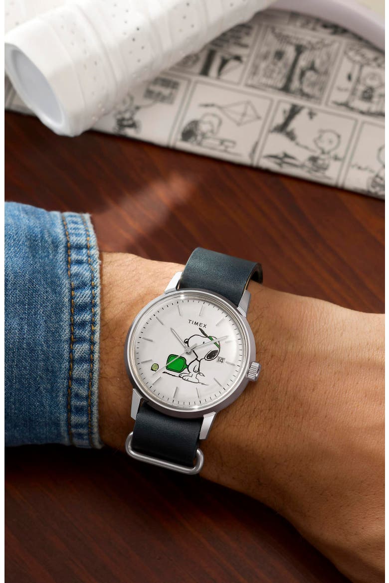 Peanuts® x Timex Marlin® Automatic Pickleball 40mm Leather Strap Watch, Alternate, color, WHITE/ SILVER-TONE