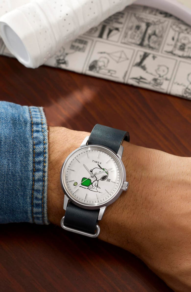 Timex<sup>®</sup> Peanuts<sup>®</sup> x Timex Marlin<sup>®</sup> Automatic Pickleball 40mm Leather Strap Watch, Alternate, color, White/ Silver-Tone