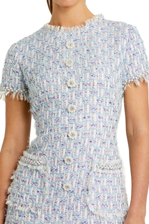 Mac Duggal Crystal Floral Button Detail Tweed Minidress In Blue Multi