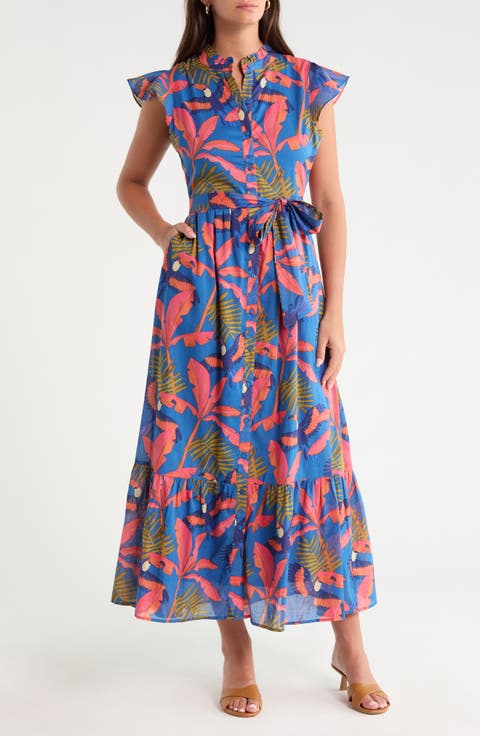 Riah Tropical Print Button-Up Tiered Maxi Dress
