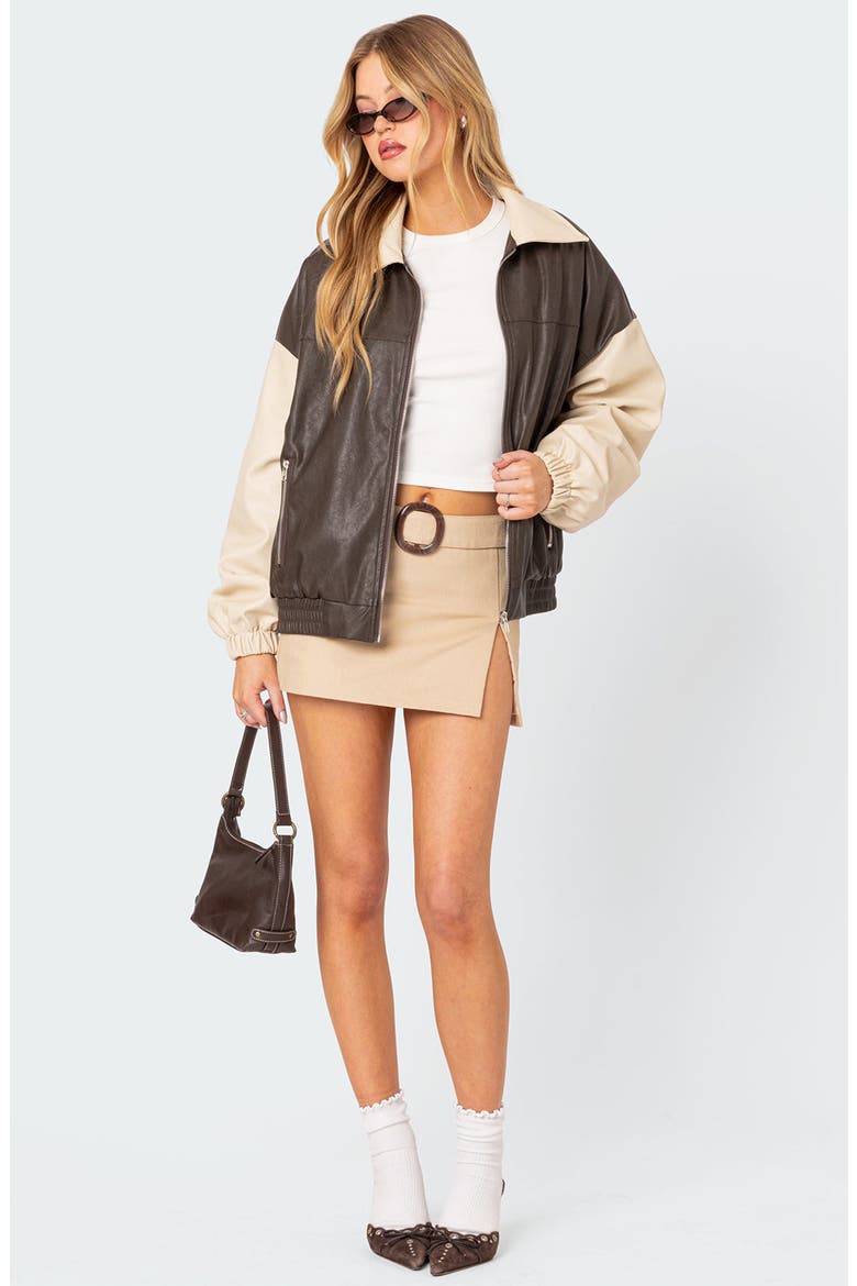 Oversize Colorblock Faux Leather Bomber Jacket, Alternate, color, BROWN