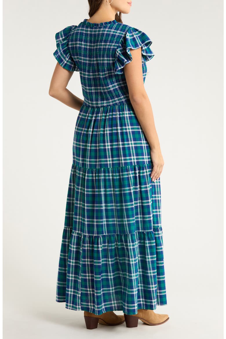 Buckley Plaid Sunfire Smocked Cotton Tiered Maxi Dress, Alternate, color, NAVY-GREEN