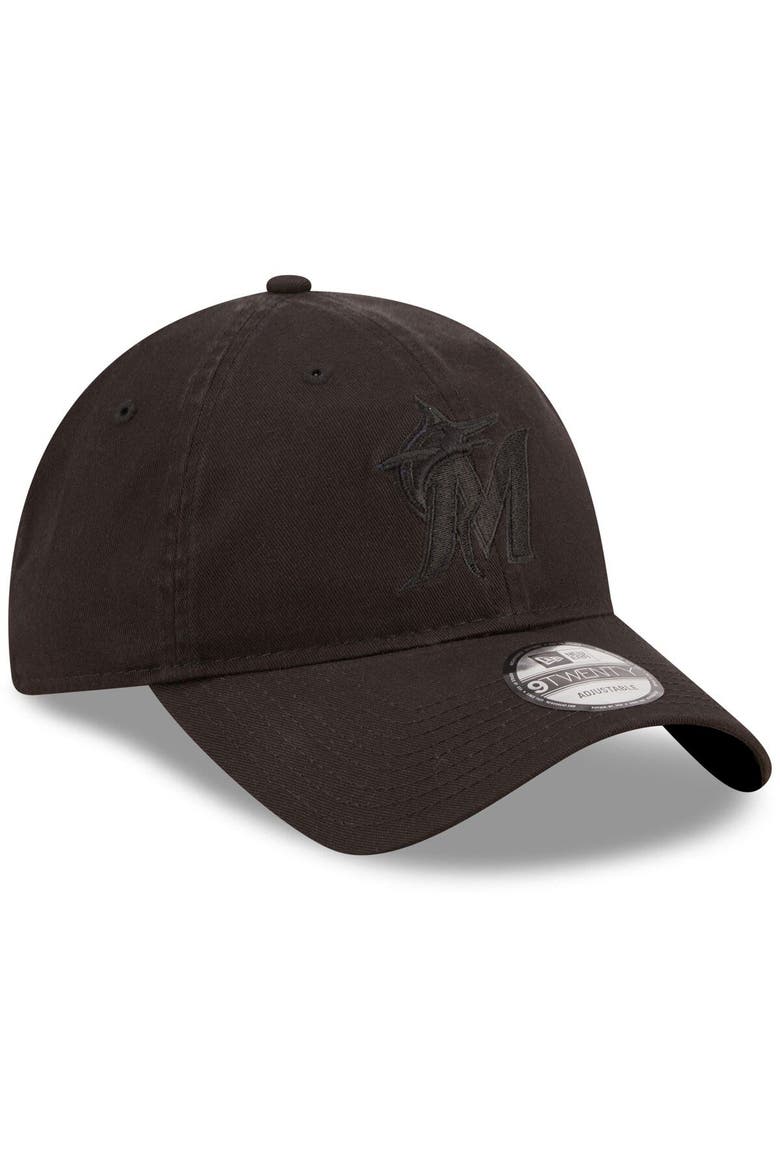 Men's New Era Miami Marlins Black On Black Core Classic 2.0 9TWENTY Adjustable Hat, Alternate, color, Black