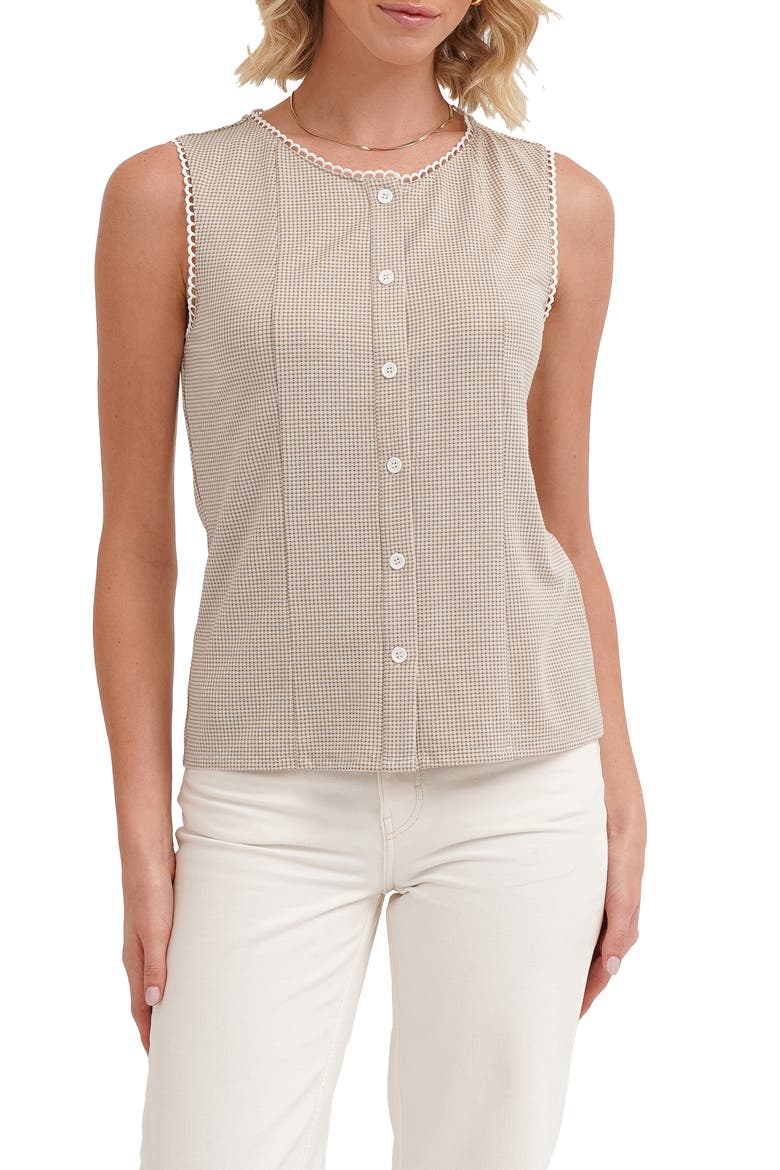 Picot Trim Sleeveless Houndstooth Top, Main, color, KHAKI