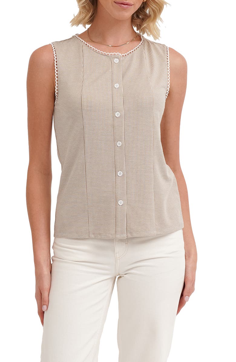 CYRUS <p>Picot Trim Sleeveless Houndstooth Top</p>, Main, color, Khaki