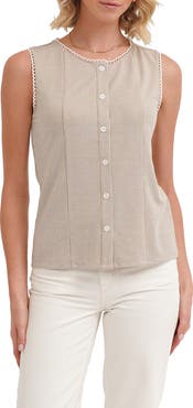 CYRUS Picot Trim Sleeveless Houndstooth Top