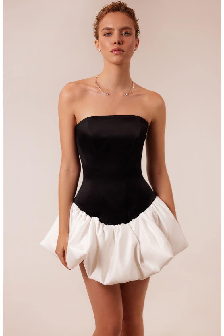 Strapless Corset Formal Mini Dress with Pearl Chain in Black & White, Alternate, color, Black