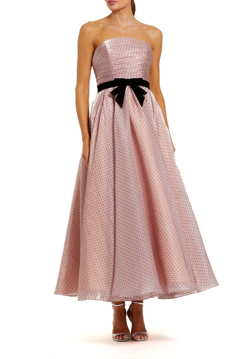Petite Polka Dot Organza Strapless Dress With Bow, Main, color, Rose Pink
