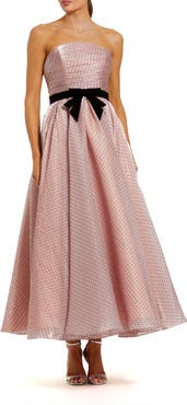 Mac Duggal Polka Dot Organza Strapless Bow Detail Ankle Dress