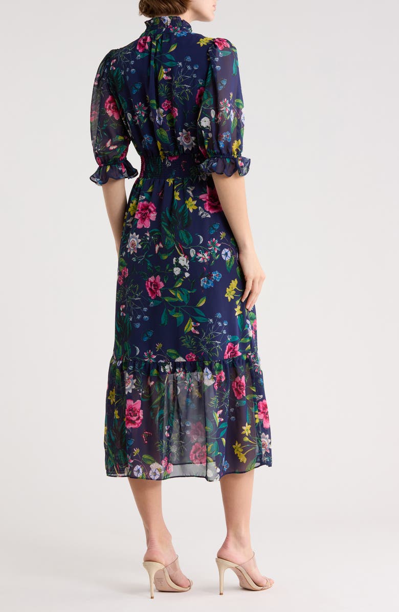 Eliza J Floral Ruffle Collar Midi Dress, Alternate, color, Navy Multi