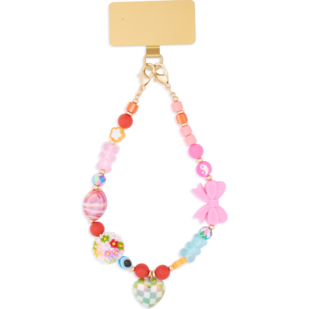 Leith Charm Beaded Phone Strap In Pink Multi- Gold