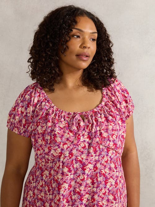 Live Unlimited Floral Gathered Neck Midi Dress In Pink