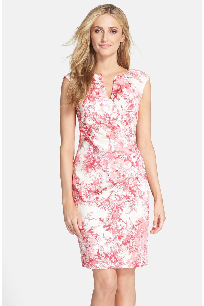 Floral Print Cotton Side Pleated Sheath Dress, Main, color, PINK MULTI
