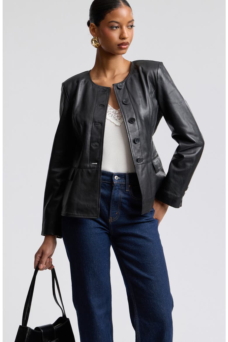 Peplum Leather Jacket, Alternate, color, BLACK