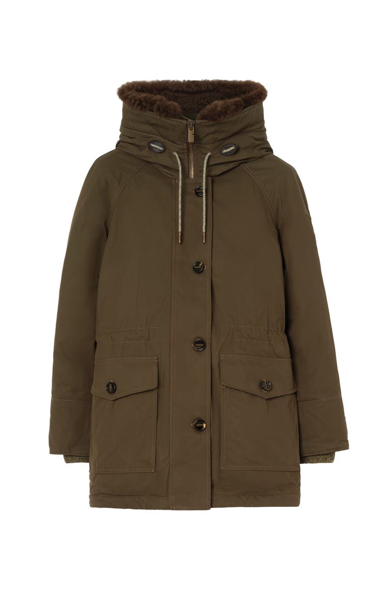 Burberry Shearling Trim Gabardine Parka, Main, color, Juniper Green