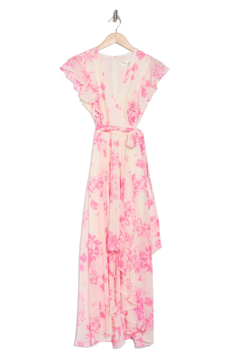 Eliza J Flutter Sleeve Faux Wrap Midi Dress, Alternate, color, Pink