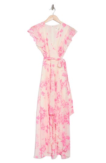 ELIZA J ELIZA J FLUTTER SLEEVE FAUX WRAP MIDI DRESS