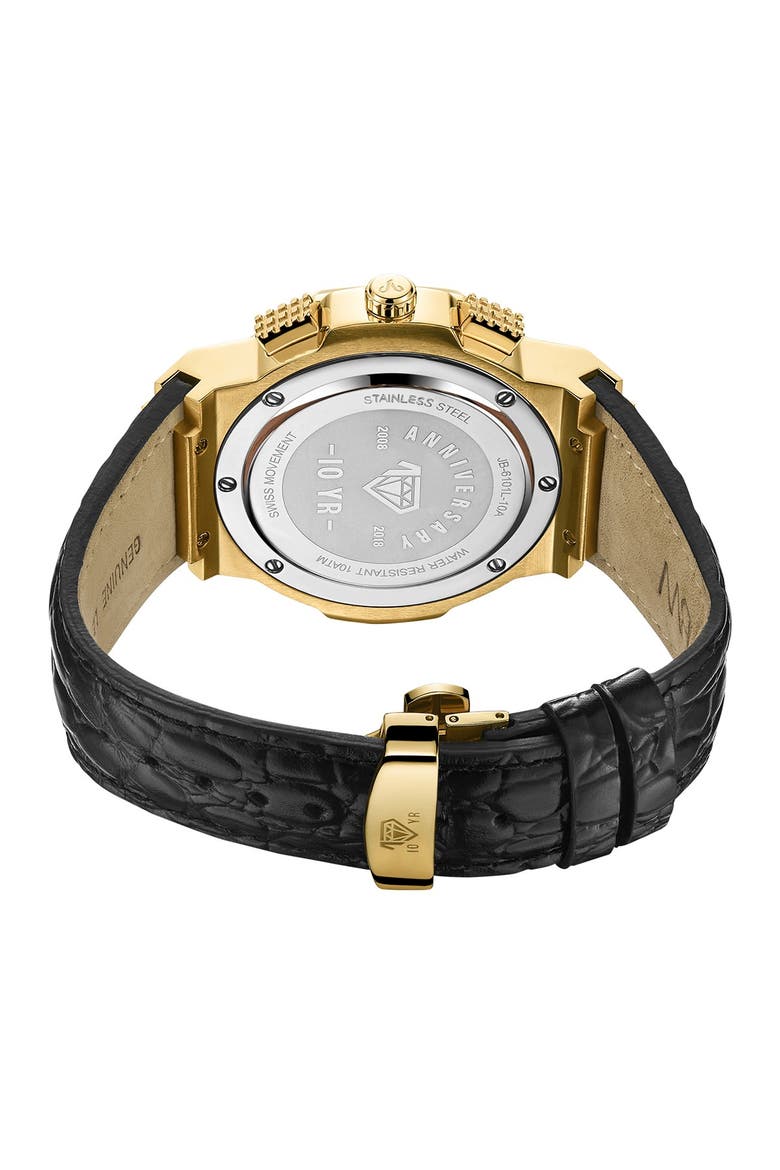 Men's Saxon Diamond Croc Embossed Leather Strap Watch, 48mm - 0.16 ctw, Alternate, color, GOLD