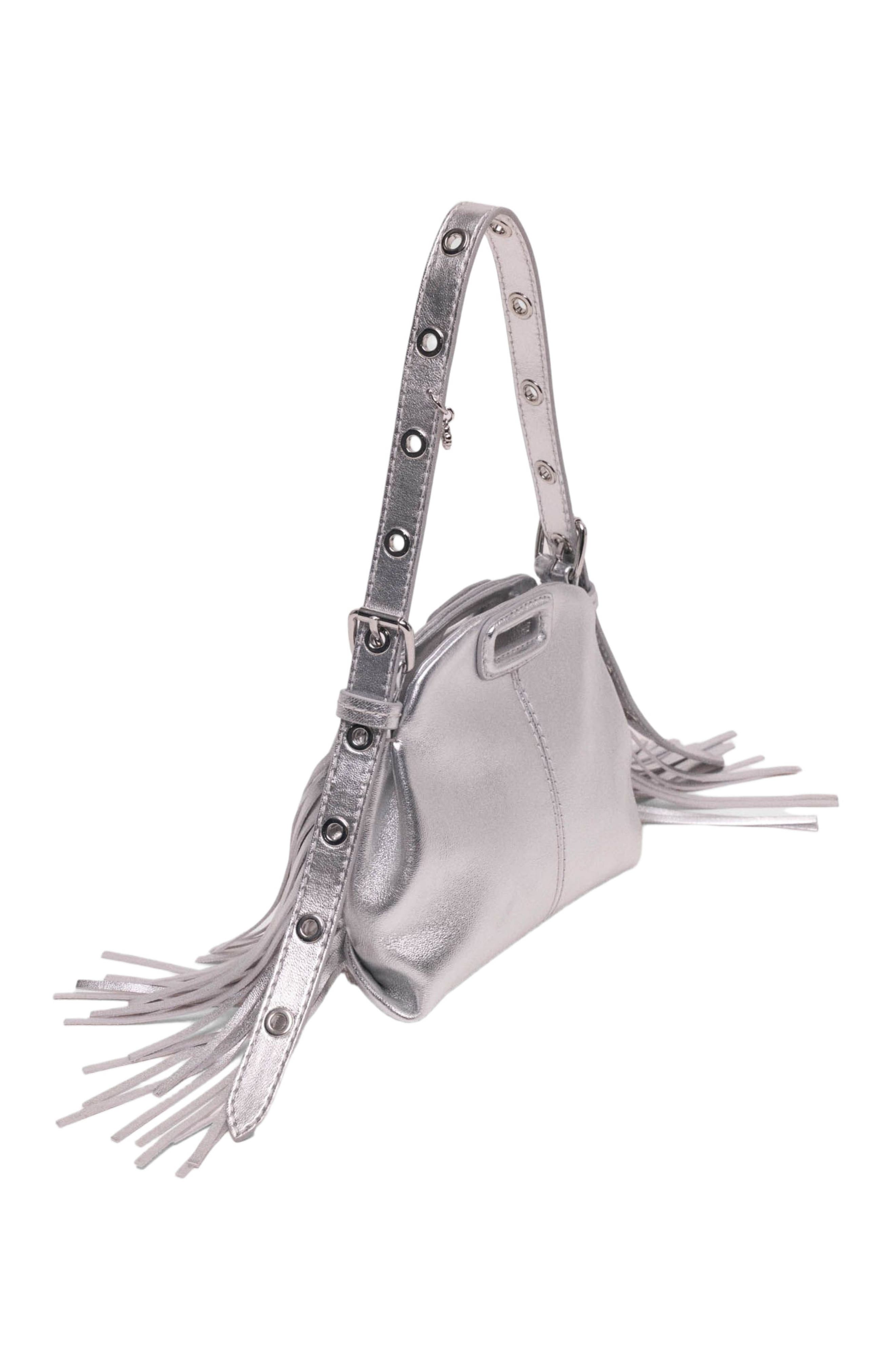 maje Metallic leather Miss M micro bag, Alternate, color, Silver