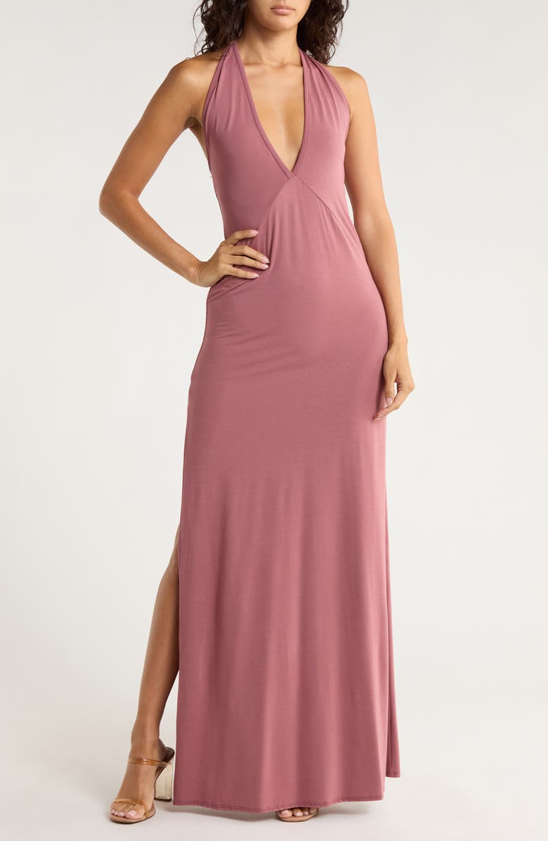 GO COUTURE Halter Neck Maxi Dress, Main, color, Dark Mauve Ponte