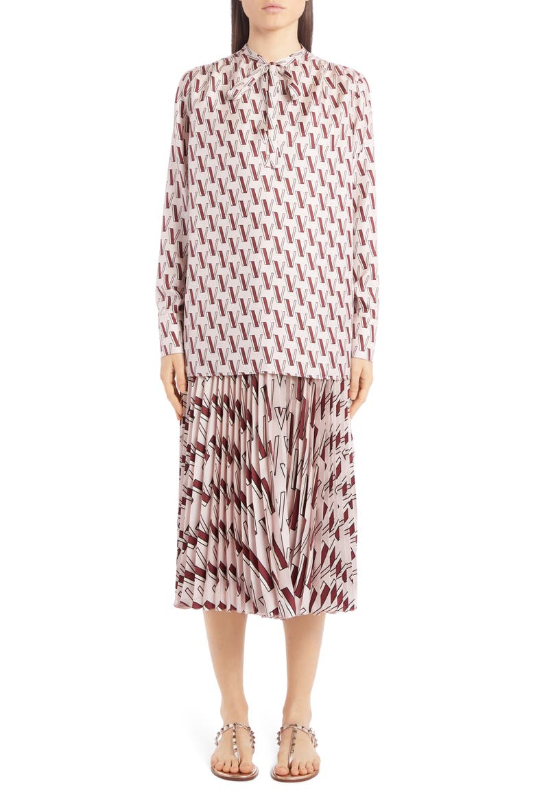 V-Print Pleated Silk Midi Skirt, Alternate, color, POUDRE