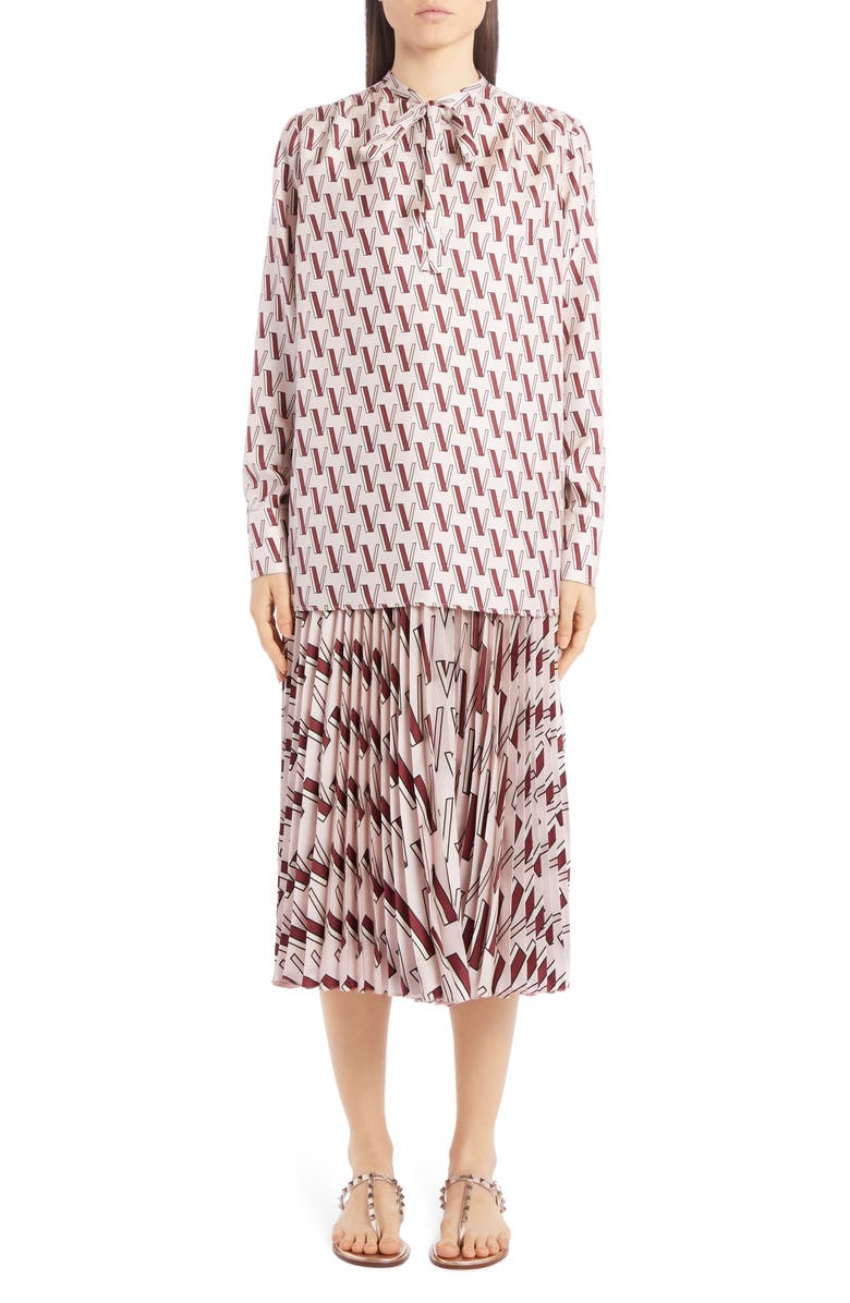 Valentino V-Print Pleated Silk Midi Skirt, Alternate, color,