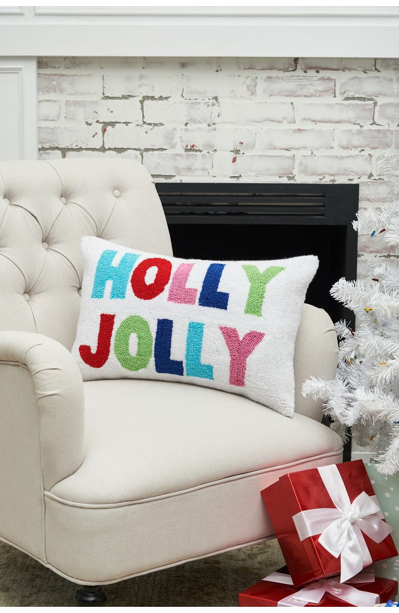 C&F Home Holly Jolly Hooked Throw Pillow, 14" x 22", Alternate, color, White