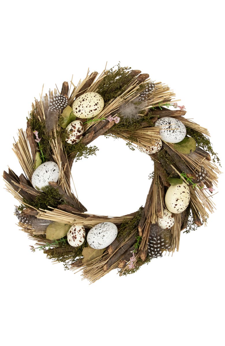 Northlight Speckled Eggs and Feathers Artificial Small Earthy Easter Wreath - 14", Main, color, Brown