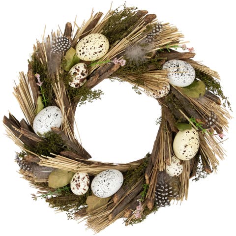 Speckled Eggs and Feathers Artificial Small Earthy Easter Wreath - 14"