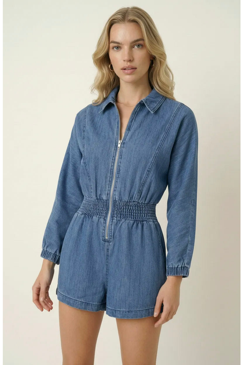Zip Front Romper with Smocked Waist and 3/4 Sleeves, Alternate, color, Blue