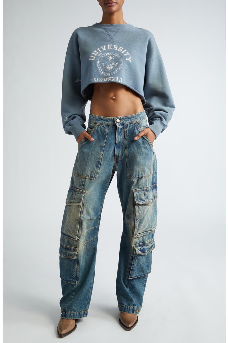 Distressed Wide Leg Cargo Jeans, Alternate, color, BLUE