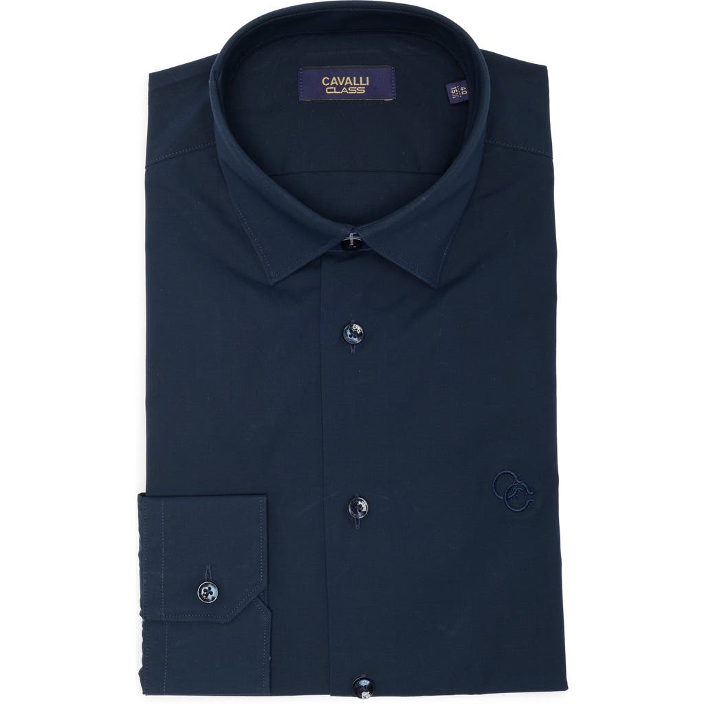 Cavalli Class Slim Fit Stretch Cotton Dress Shirt In Navy