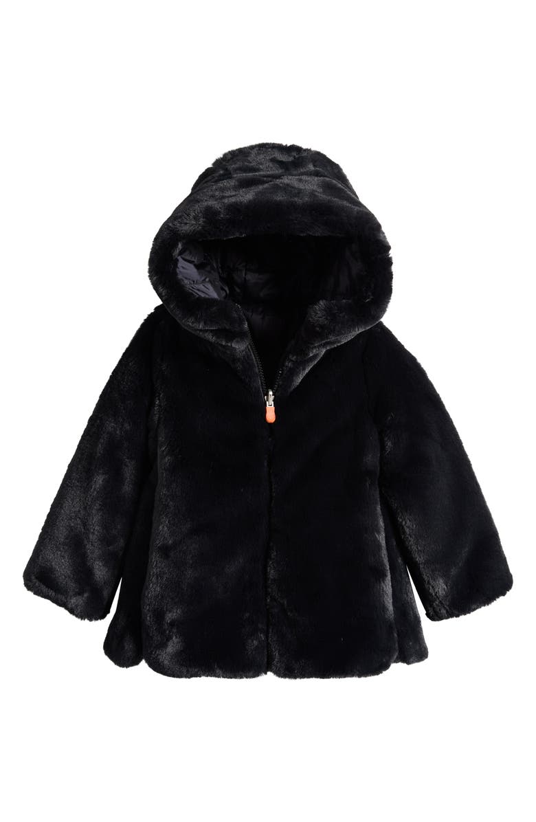 Save The Duck Kids' Flora Reversible Hooded Faux Fur Coat, Main, color, Black