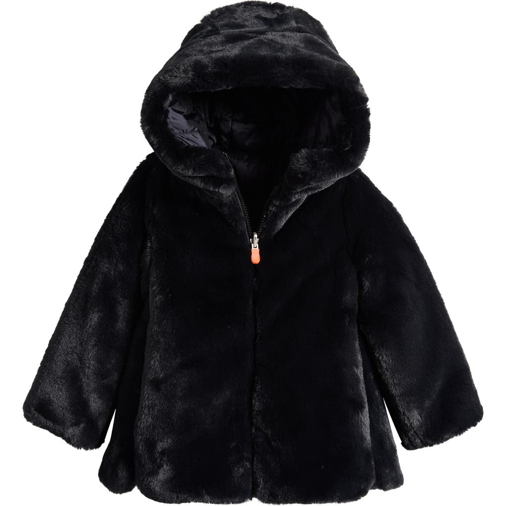 Save The Duck Kids' Flora Reversible Hooded Faux Fur Coat In Black