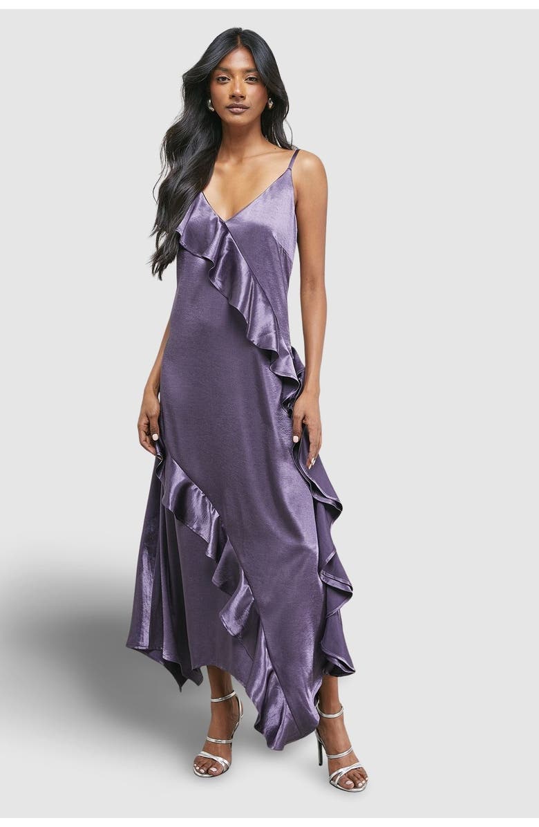 Warehouse Metallic Satin Ruffle Midi Slip Dress, Main, color, Mauve