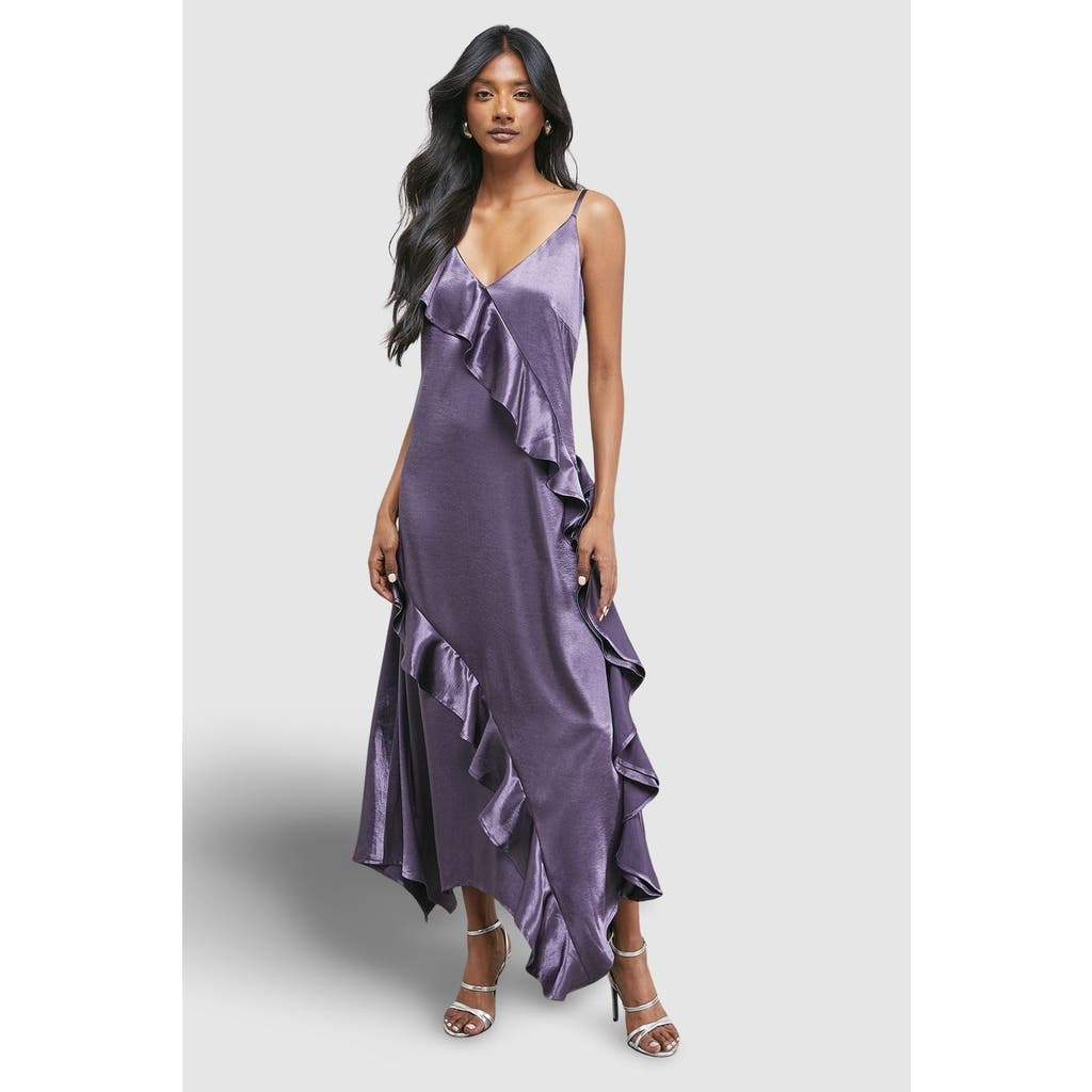 Warehouse Metallic Satin Ruffle Midi Slip Dress In Purple