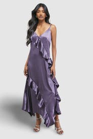 Warehouse Metallic Satin Ruffle Midi Slip Dress